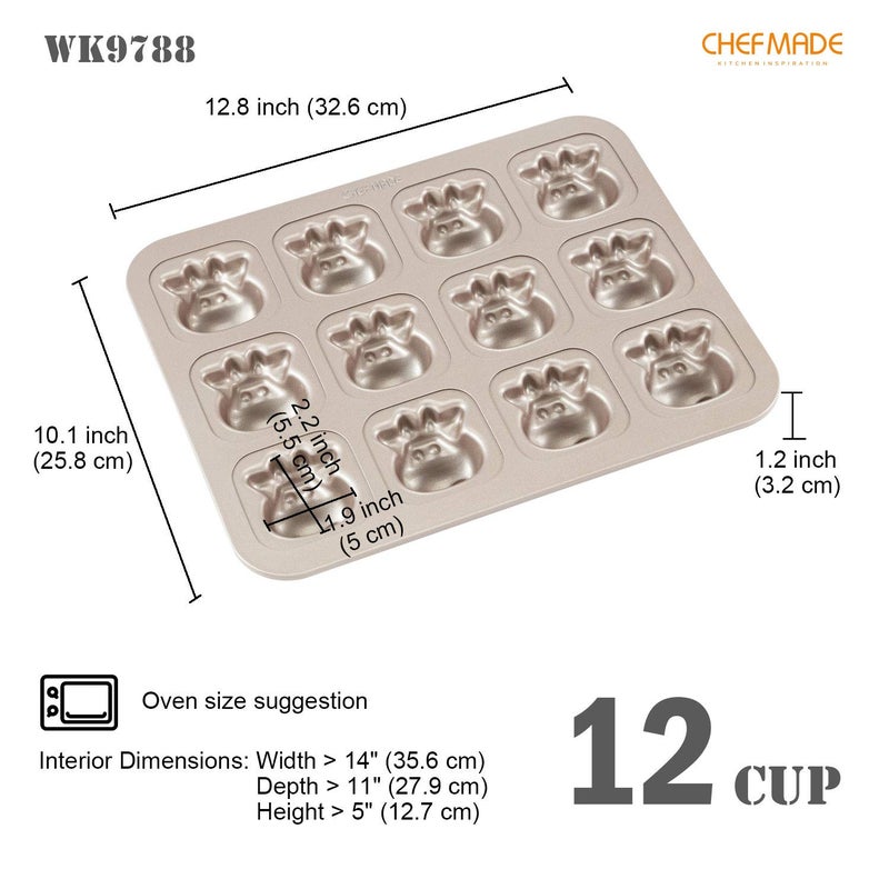 CHEFMADE Cows Cake Pan, 12-Cavity Non-Stick Animal Muffin Bakeware for Oven Baking (Champagne Gold) - Image 2